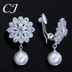 CANDICE White Gold Plated Beautiful CZ Zirconia Stones Snowflake Drop Women Party Clip On Pearl Earrings Without Piercing Jewelry for Non Hole Ears