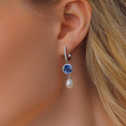 925 Sterling Silver round 8MM Gemstone Birthstone and 11X8MM Cultured Freshwater Pearl Drop Dangle Earrings for Women