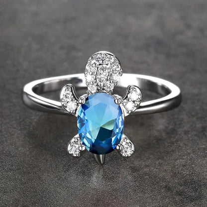 Rainbow Stone Turtle Rings Cute Animal Sea Turtle Ring White Sapphire Diamond Ring Ocean Style Turtle Aquamarine Crystals Rings for Women and Men Birthday Party Anniversary Gift Wedding Engagement Ring Jewelry 14 Colors Size 5-11