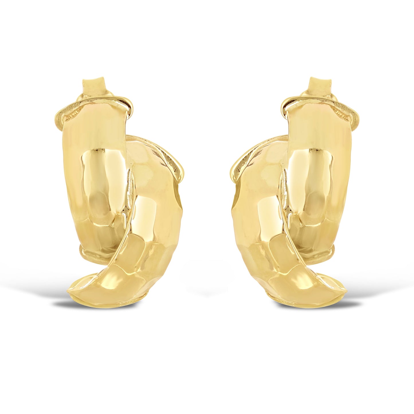 Italian 14K Yellow Gold Shiny Entwined Hammered Flat Quarter Hoop Stud Earrings