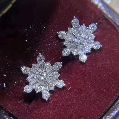 Ear Stud for Women Silver Plated White Sapphire Lab Diamond Snowflake Flower Stud Earrings Bridal Engagement Wedding Fashion Jewelry - WORLD TIME VISITS