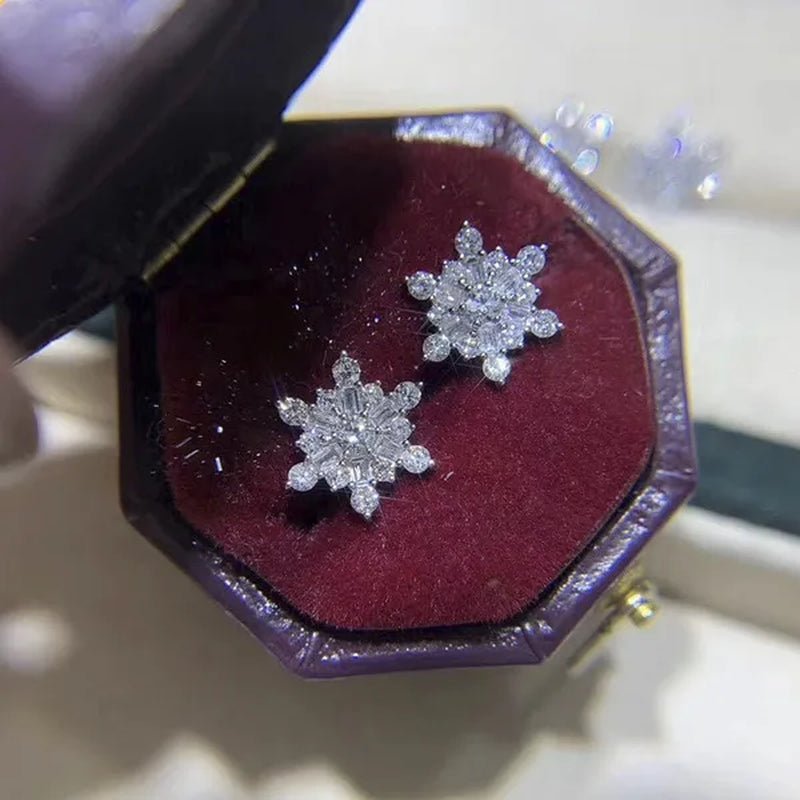 Ear Stud for Women Silver Plated White Sapphire Lab Diamond Snowflake Flower Stud Earrings Bridal Engagement Wedding Fashion Jewelry - WORLD TIME VISITS