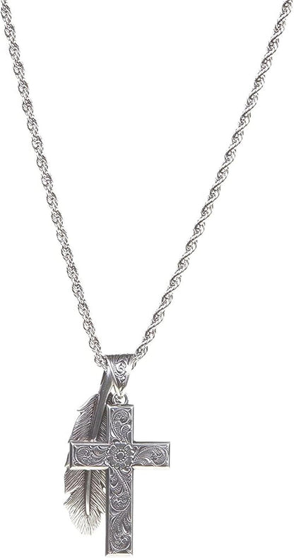 Twister Cross & Feather Necklace, Silver, 24” Chain
