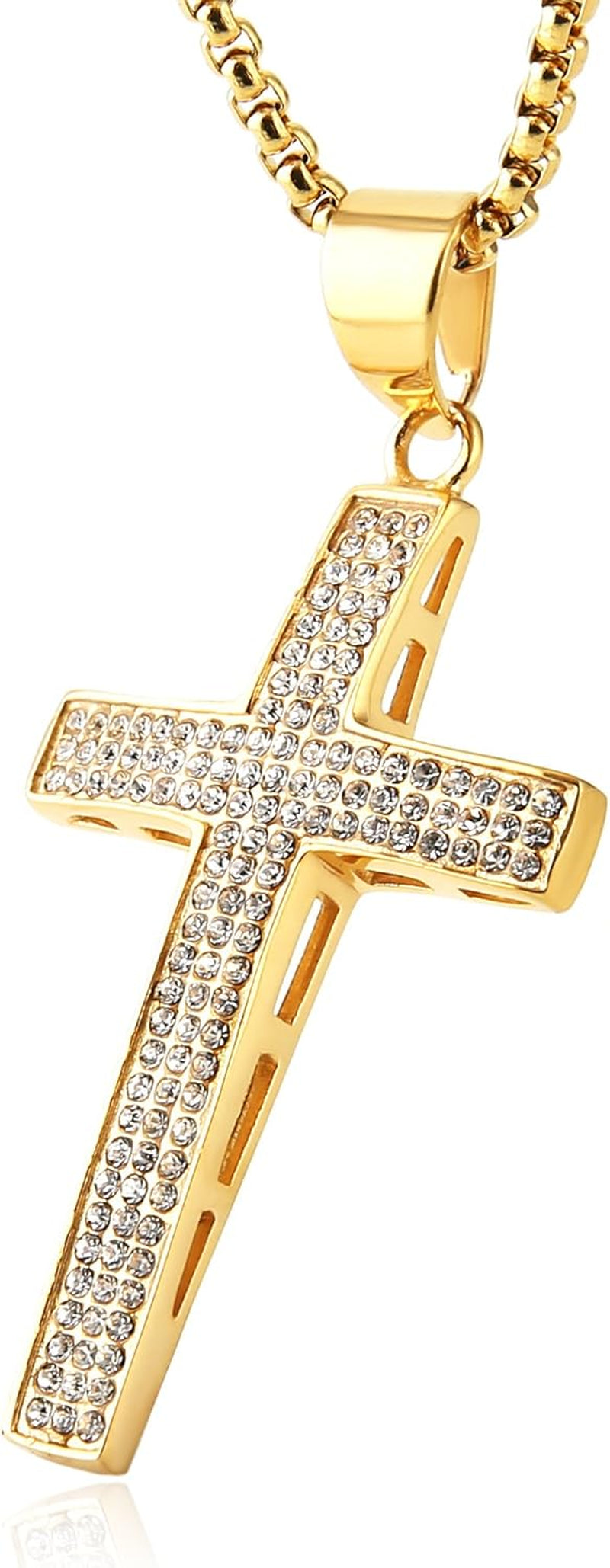 Mens Iced Out Cross Cz Inlay Pendant 18K Gold Plated Stainless Steel Hip-Hop Necklace 24"