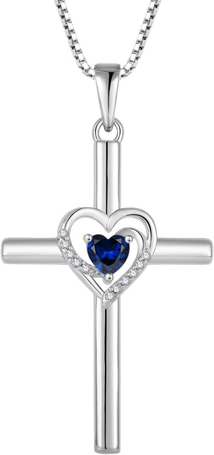 Cross Necklace for Women 925 Sterling Silver Heart Birthstone Pendant Necklace Crucifix Religious Gemstone Jewelry Gift for Women Her Mom Wife Girlfriend Daughter