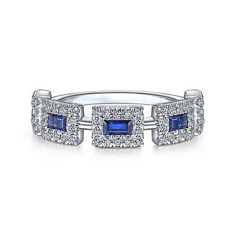 New Fashion 925 Solid Silver Pave Setting Diamond Blue Sapphire Rings for Women Bridal Engagement Wedding Ring Proposal Gift
