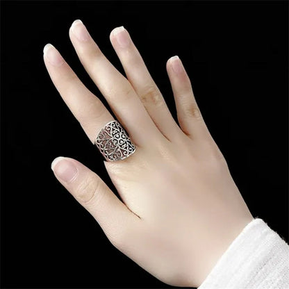 Wide Face Hollow Flower Vintage Open Ring 925 Pure Silver Carving Women's Ring Size Adjustable Opening