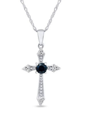 Gemstone 10K White Gold round Cut Blue Sapphire Diamond Accent Cross Necklace