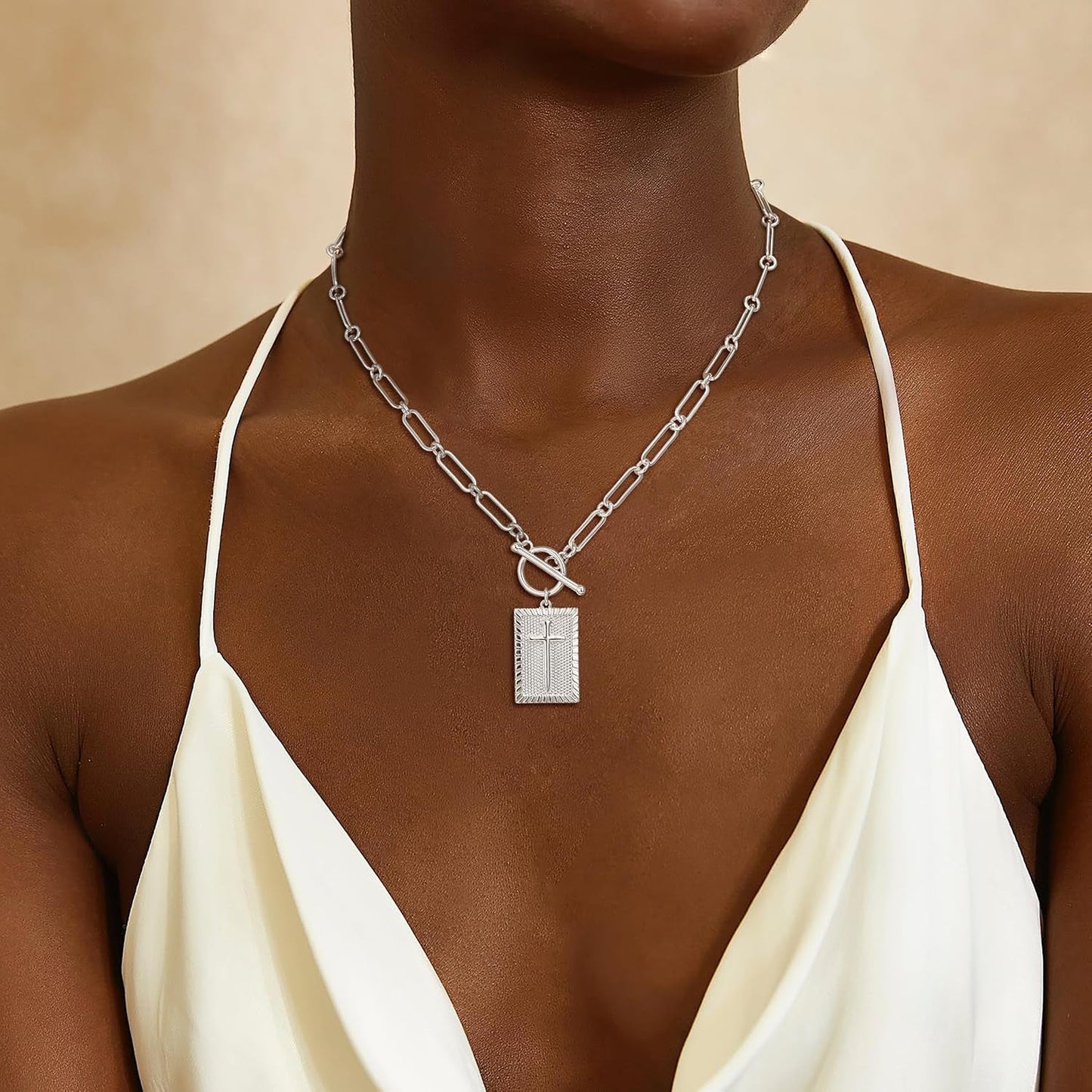 Cross Necklace for Women Trendy, Dainty 14K Gold Plated Paperclip Charm Necklace for Womens Chunky Cross Pendant Necklace Gold Jewelry Religious Christian Gifts for Christians
