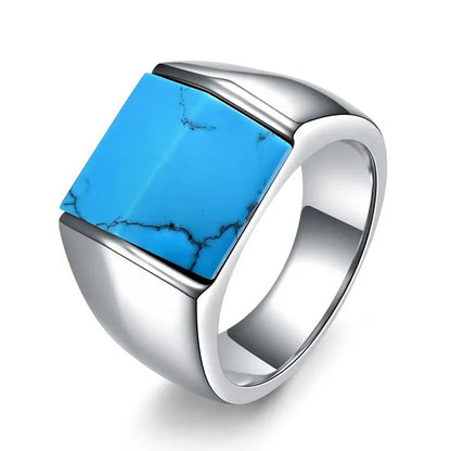 Vintage Men's Single Turquoise Ring Stainless Steel Personality Roof Shaped Gemstone Rings jewelry Gift for Business Elite Boyfriend Dad
