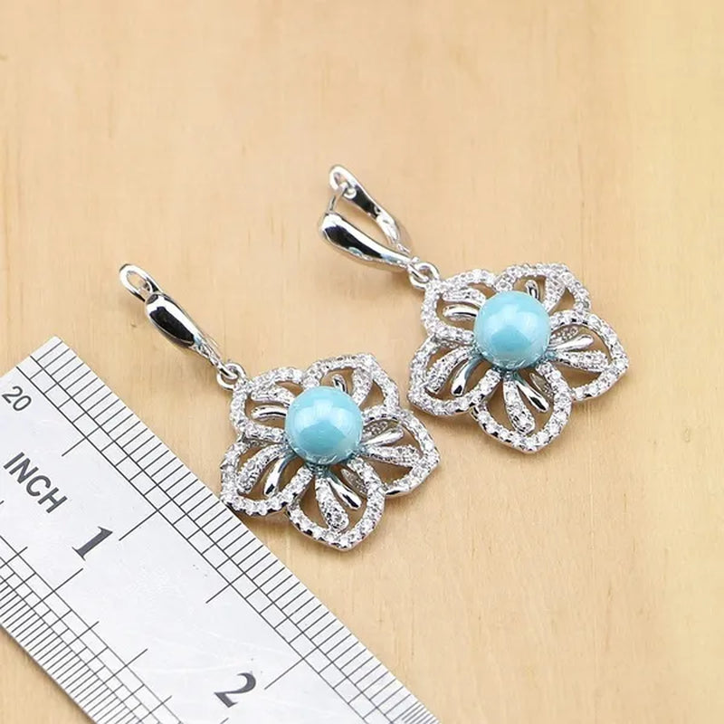 Flower 925 Silver Jewelry Set Blue Pearl with Beads Pendant Drop Earrings Rings Necklace for Women