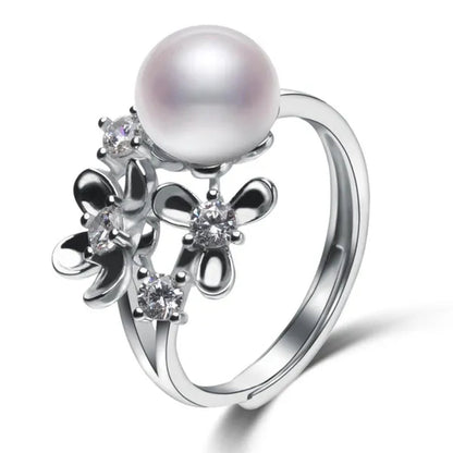 Flower 925 Sterling Silver White Natural Freshwater Cultured Pearl Ring for Women'S Fine Jewelry