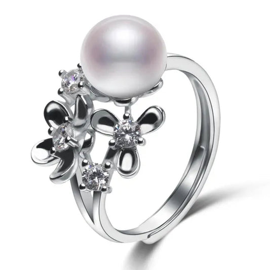 Flower 925 Sterling Silver White Natural Freshwater Cultured Pearl Ring for Women'S Fine Jewelry