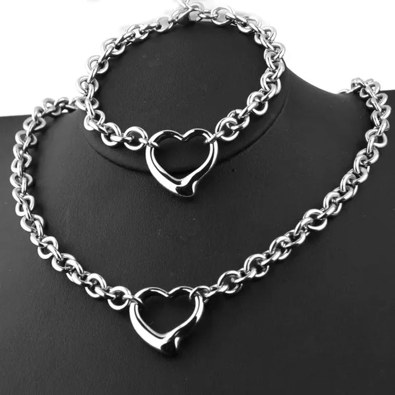 Charming Bracelet Necklace Set Silver Stainless Steel Oval Chain Womens Solid Heart Pendant Bracelet Accessories