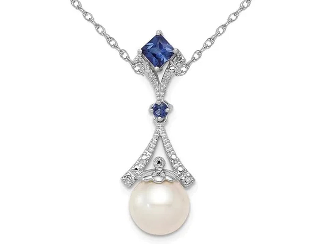 3/10 Carat (Ctw) Lab Created Blue Sapphire and 8Mm Freshwater Cultured Pearl Pendant Necklace in Sterling Silver with Chain