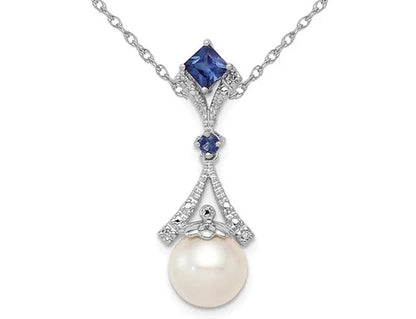 3/10 Carat (Ctw) Lab Created Blue Sapphire and 8Mm Freshwater Cultured Pearl Pendant Necklace in Sterling Silver with Chain