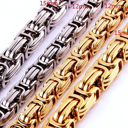 7-40" 12/15Mm Mens Womens Silver/Gold Stainless Steel Necklaces Byzantine Chain Curb Cuban Bracelet Necklace