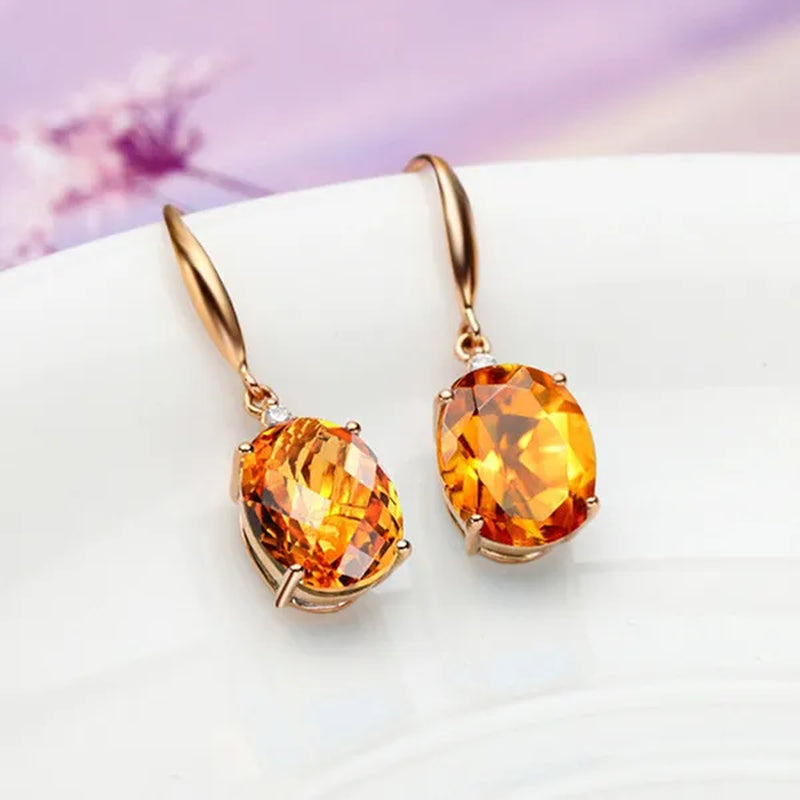 Simple Copper Plated 18k Golden  Citrine Water Drop Pendant Necklace Oval Claw Set Ear Hook Earrings Open-End Ring Flower Petal Inlaid Zircon Bracelets Jewelry Set for Elegant Women