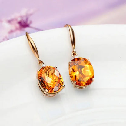Simple Copper Plated 18k Golden  Citrine Water Drop Pendant Necklace Oval Claw Set Ear Hook Earrings Open-End Ring Flower Petal Inlaid Zircon Bracelets Jewelry Set for Elegant Women