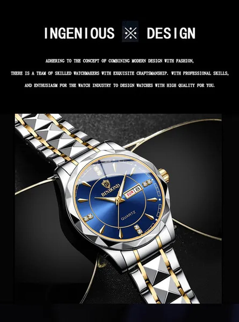BINBOND Men's Fashion Quartz Watches Ultra Thin Diamond Stainless Steel Watch Waterproof Luminous Wrist Watch