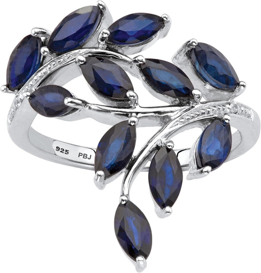 Platinum over Sterling Silver Marquise Cut Genuine Blue Sapphire and Diamond Accent Leaf Ring