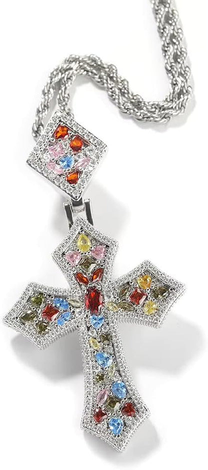 Iced Out Colorful Rhomboic Cross Pendant Necklace, Trendy White Gold Hip Hop Cubic Zirconia Oval Diamond Cross Pendant Faith Jesus Necklace Gift
