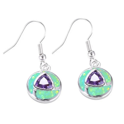Boho Unique Round Blue Fire Opal 925 Sterling Silver Drop Earrings Amethyst Zircon Female Wedding Party Earrings Best Gift