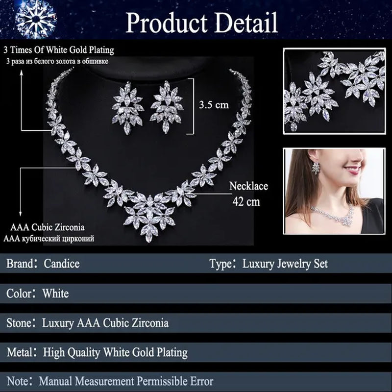 CANDICE High Quality White Gold Plated Wedding Jewelry Set Pave Luxury CZ Stone African Nigerian Big Flower Dangle Earrings Necklace for Bride