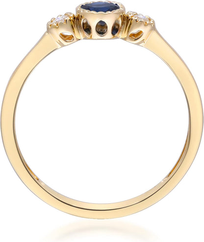 10K Yellow Gold Genuine Blue Sapphire Ring with Diamonds for Women | Ethically, Authentically & Organically Sourced (Round-Cut) Shaped Sapphire Jewelry for Her | Sapphire Ring for Women