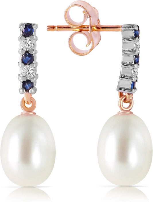 8.3 Carat 14K Solid Rose Gold Diamond Sapphire Earrings Dangling Briolette Pearl