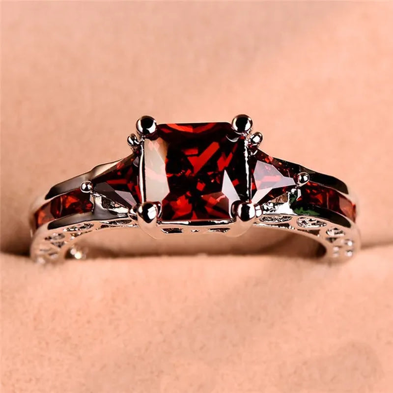 Women Silver Plated Princess Cut Garnet Red Ruby Wedding Ring Party Jewelry Gifts Size 4 5 6 7 8 9 10 11