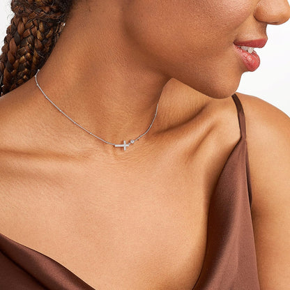 Sideways Cross Necklace for Women - Demi Fine Cubic Zirconia Pendant, 925 Sterling Silver Choker, Teens, Dainty Faith Jewelry, 12 to 16 Inch with Extender