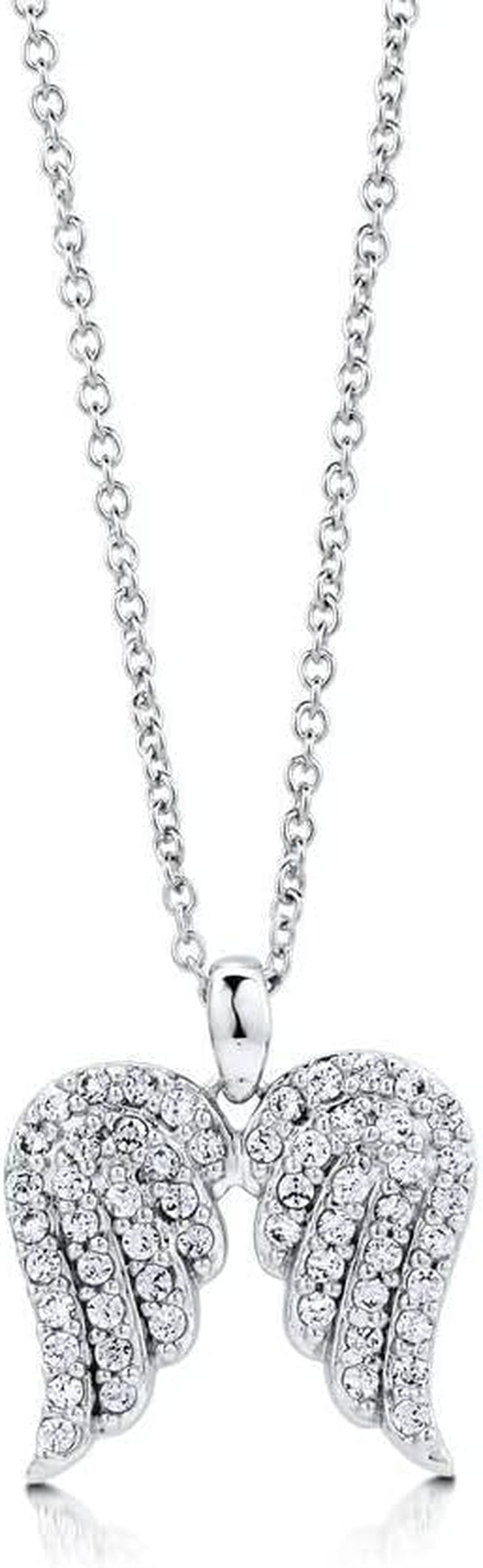 Sterling Silver Angel Wings Cubic Zirconia CZ Fashion Pendant Necklace for Women, Rhodium Plated