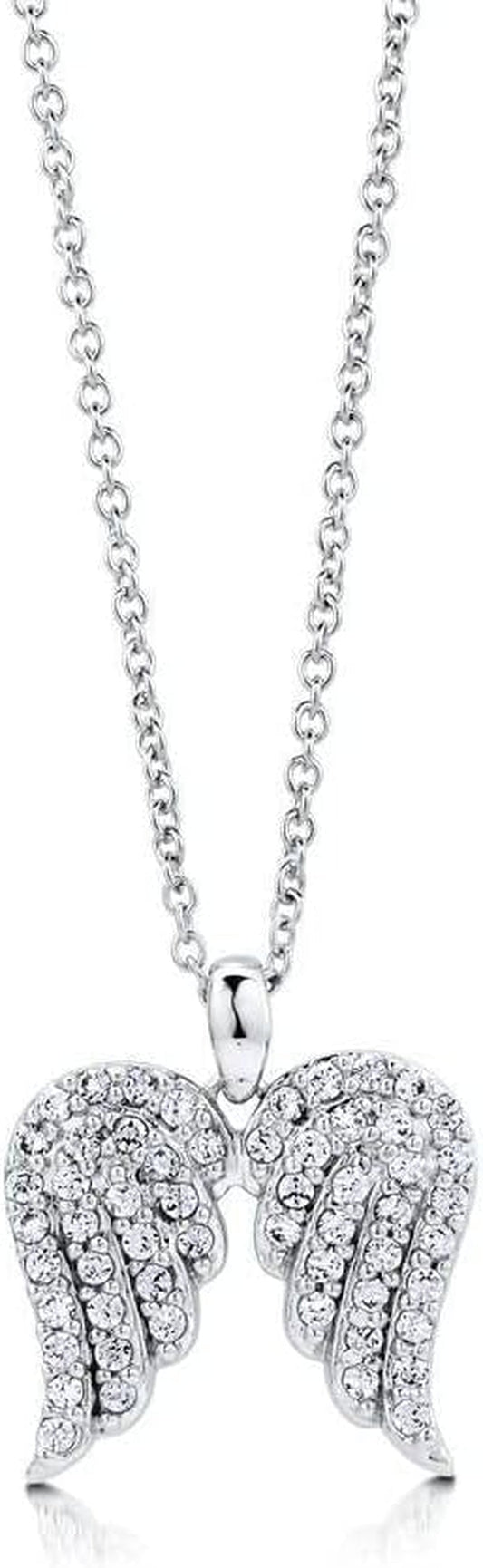 Sterling Silver Angel Wings Cubic Zirconia CZ Fashion Pendant Necklace for Women, Rhodium Plated