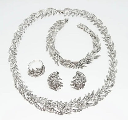 Leaves Shape Silver Plated Clear Crystal Jewelry Sets