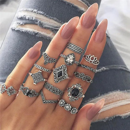 43 Pcs/3 Set Best Selling English Virgin Mary Diamond Simple Pattern Joint Ring Set Small Flower Leaf Rings For Women