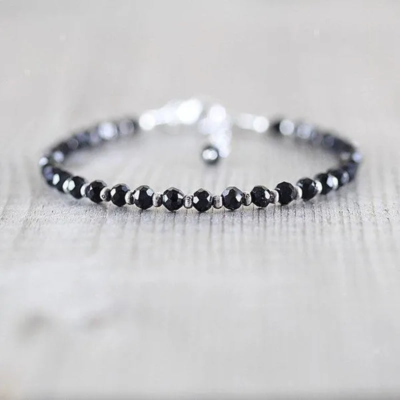Black Spinel, Sterling & Karen Hill Tribe Silver Bracelet Boho Beaded Gemstone Bracelet Dainty Stacking Bracelet - WORLD TIME VISITS