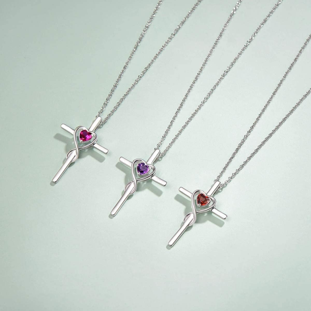 Birthstone Cross Necklace for Women Birthstone Necklace Heart Infinity Cross Pendant Necklace Fine Jewelry Christmas Valentines Day Gifts Birthday Holiday Gifts for Her, 16"+2" Inches