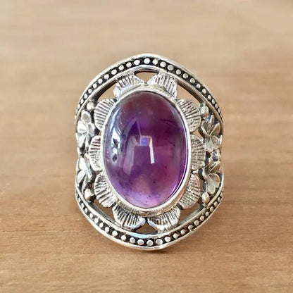 Exquisite Woman Fashion Vintage  Wide Edge Engraved Flower Ring Natural Amethyst Gemstone Ring Engagement Party Bride Wedding High Jewelry Christmas Valentine's Day Gift Ring Size US4-12