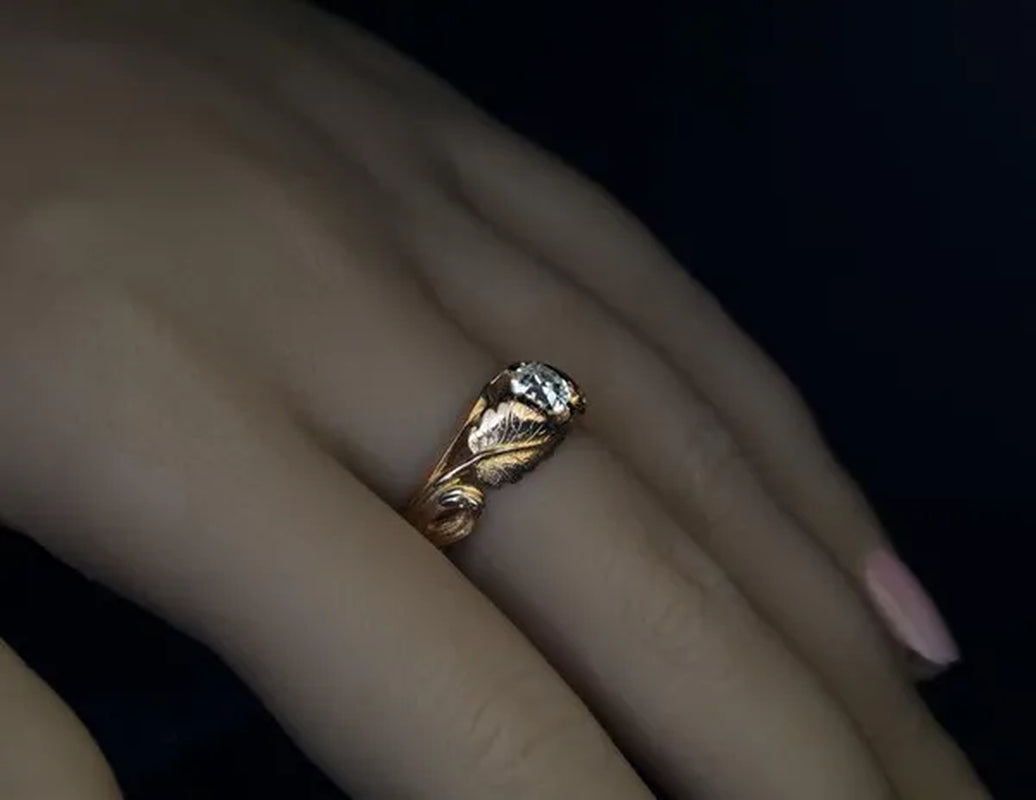 Classic Women's Fashion Natural Gemstones White Sapphire Gold Maple Leaf Ring Anniversary Gift Engagement Wedding Band Rings Jewelry Size 5-10