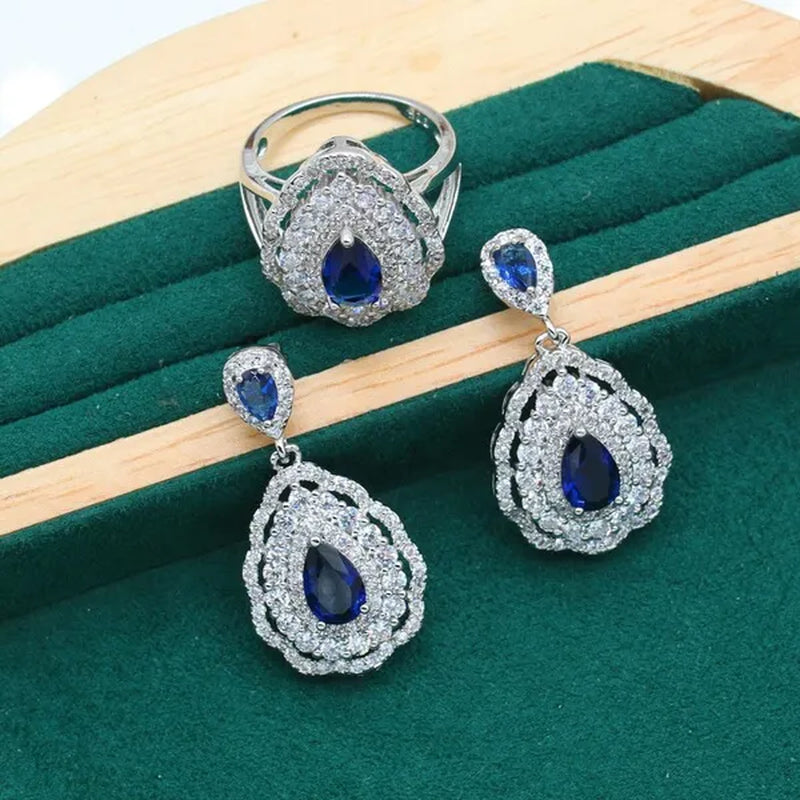 Exquisite Necklace 925 Silver Jewelry Sets for Women Wedding Royal Blue Topaz Earring Ring Pendant Holiday Christmas Gift