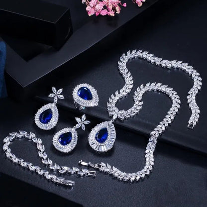 CANDICE Luxurious CZ Wedding 4 Pcs Set for Bridal Sparkling Water Drop Blue Zirconia White Gold Plated Necklace Earrings Bracelet Ring Sets