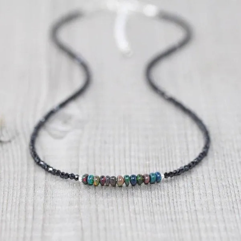 Ethiopian Welo Opal & Black Spinel Necklace. Sterling Silver, Rose, Gold Filled. Dainty Gemstone Choker.