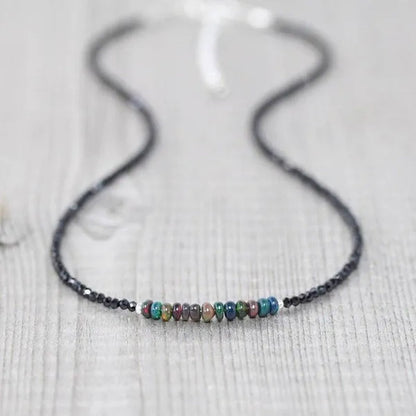 Ethiopian Welo Opal & Black Spinel Necklace. Sterling Silver, Rose, Gold Filled. Dainty Gemstone Choker.
