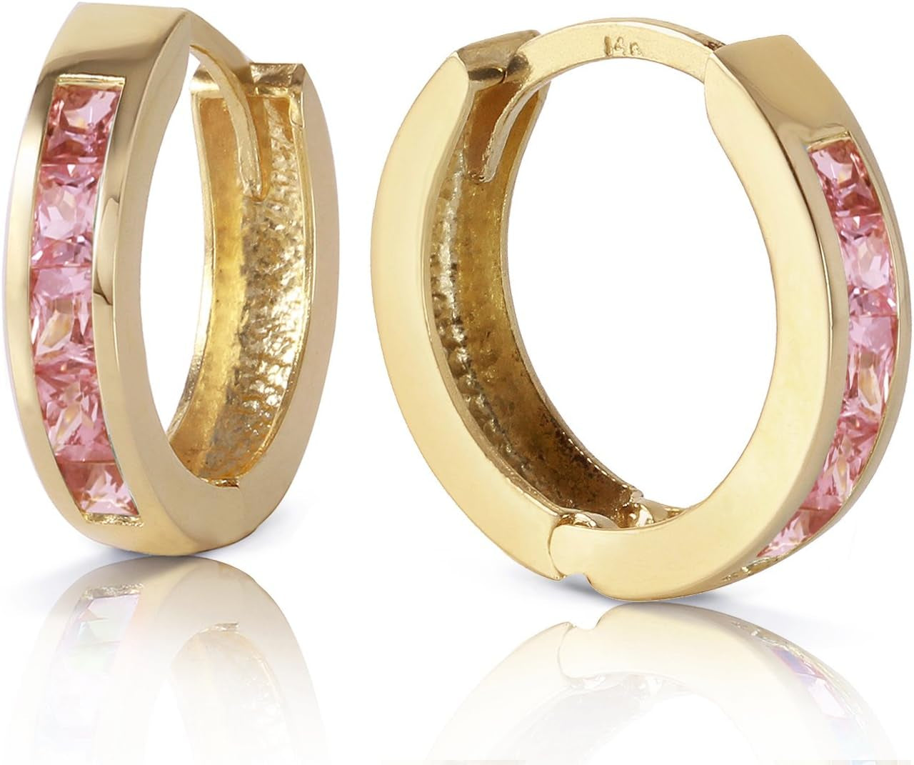 14K Solid Yellow Gold Hoop Huggie Earrings with 1.3 CTW Natural Pink Sapphire