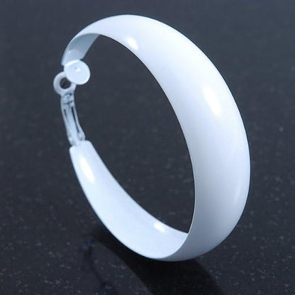 Wide Large White Enamel Hoop Earrings - 55Mm Diameter