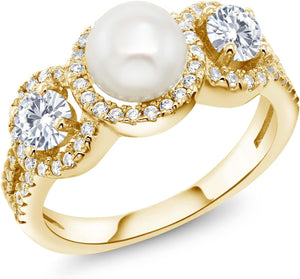 18K Yellow Gold Plated Silver Cultured Freshwater Pearl Ring Set with Moissanite (1.26 Cttw)