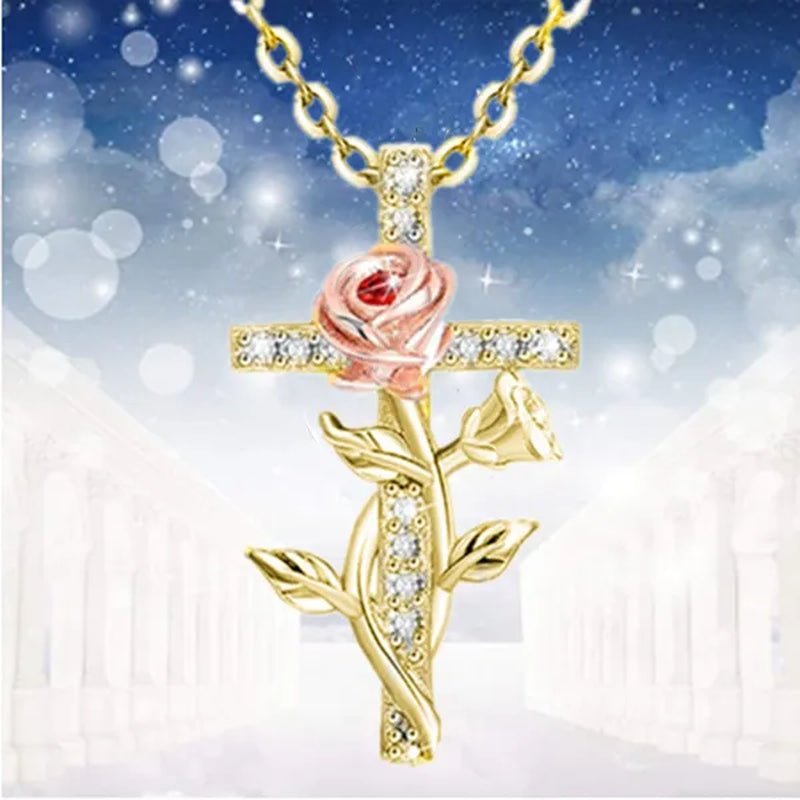 Elegant Fashion Creative Cross Rose Necklace Natural Crystal Cross Diamond Necklace Religious Cross Flower Pendant Women's Necklace Wedding Pendant Birthday Party Anniversary Gift - WORLD TIME VISITS