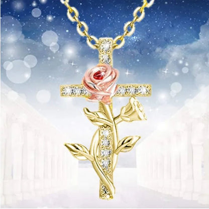 Elegant Fashion Creative Cross Rose Necklace Natural Crystal Cross Diamond Necklace Religious Cross Flower Pendant Women's Necklace Wedding Pendant Birthday Party Anniversary Gift - WORLD TIME VISITS