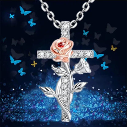 Elegant Fashion Creative Cross Rose Necklace Natural Crystal Cross Diamond Necklace Religious Cross Flower Pendant Women's Necklace Wedding Pendant Birthday Party Anniversary Gift - WORLD TIME VISITS